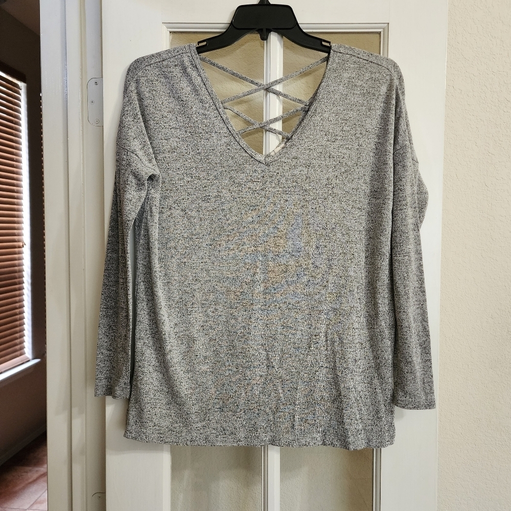 Garage Gray Crisscross Back Top Small Soft Knit Long Sleeve V Neck